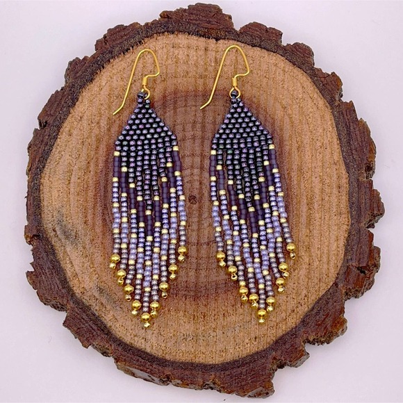 Beaded Fringe Dangle Earrings Purple Violet Lavender Gold Glass Beads Beadwork - Picture 3 of 7